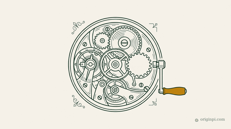 An engraved clock movement with one gear missing and an amber-handled hand crank fitted at its side, ready to take over,