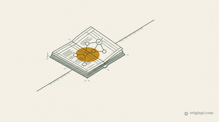 A single fine-lined emblem: an open ledger page whose lines resolve into a small node-and-edge graph, one node marked with a check, rendered in deep green with an amber highlight on generous paper white space.