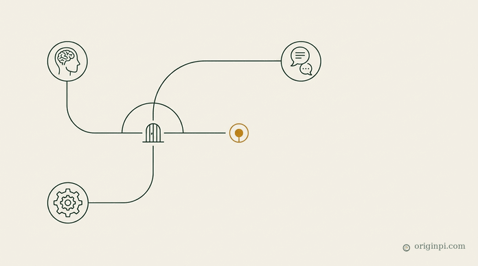 A single fine line drawn between two quiet nodes, one arc passing through a small gate at its midpoint, on pale paper.
