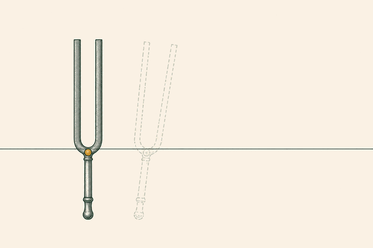 A single fine ink line traces a smooth curve over three widely spaced anchor points on cream paper, one point marked wit