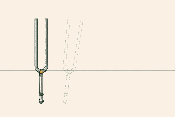 A single fine ink line traces a smooth curve over three widely spaced anchor points on cream paper, one point marked with a small amber dot, suggesting a governed path held steady at speed.