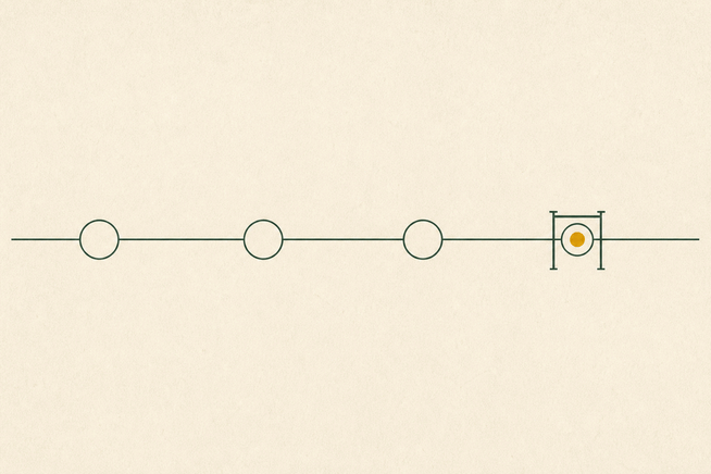 A single fine-lined amber compass needle resting inside a deep-green circular boundary, one small gate marked open along the ring, on quiet paper.