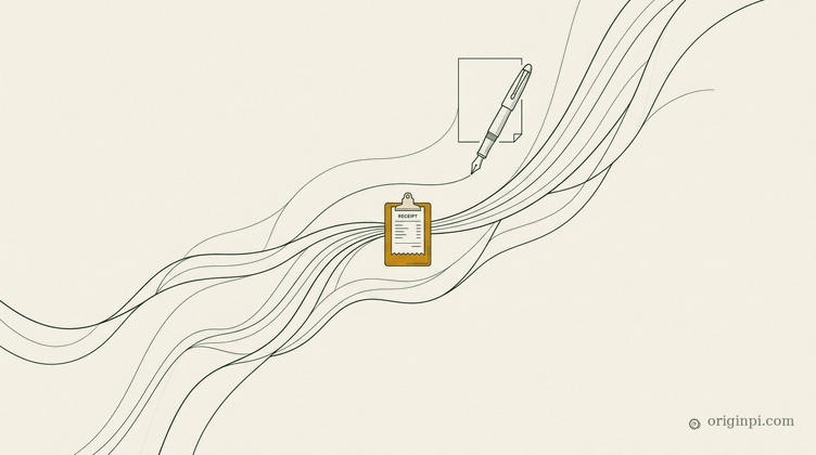 A fountain pen drawing flowing lines that pass through an amber clipboard holding a receipt, on parchment.
