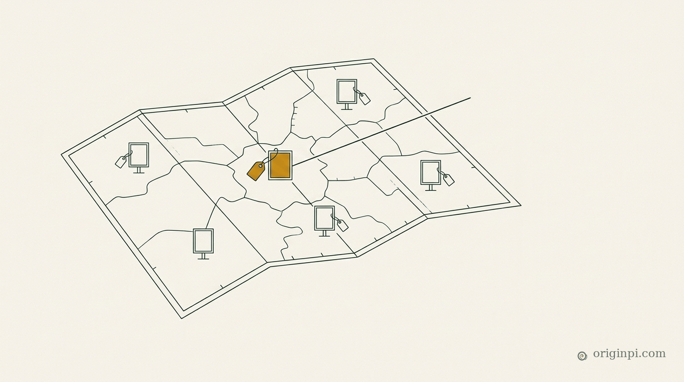 A fine-line folding map on parchment with small blank ad frames on stands, most with tiny tags, and one amber tag on the central frame.
