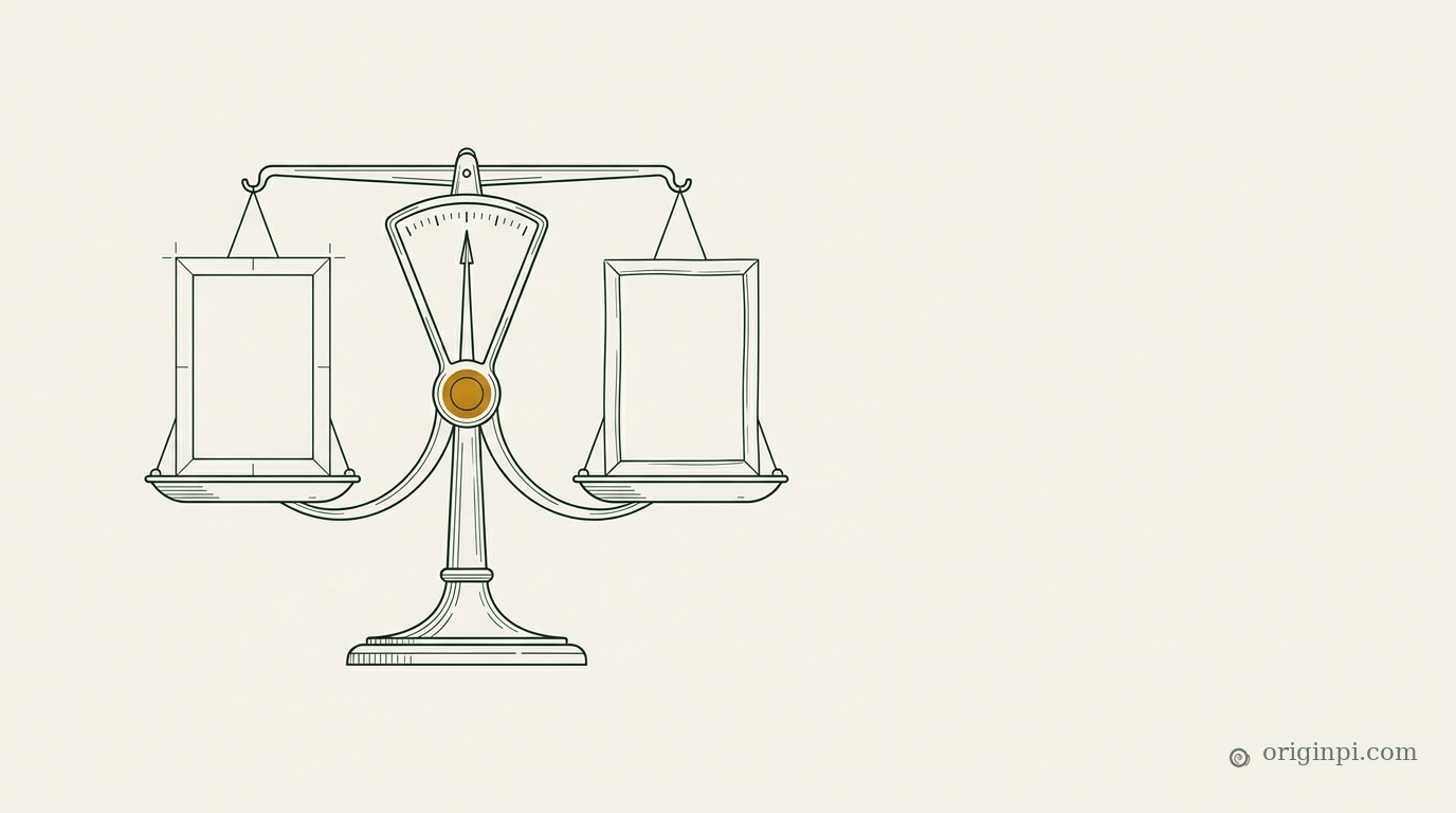 Engraved balance scale with a blank poster frame on each pan and an amber pivot, the needle level, on a parchment background.