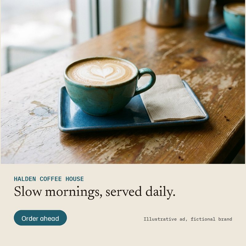 Ad A for Halden Coffee House (fictional): photo of a latte with heart latte art in a blue cup on a blue tray on a wooden cafe table, headline Slow mornings, served daily, button Order ahead.