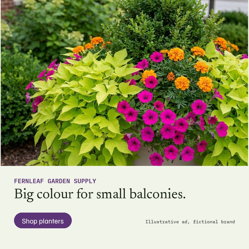 Ad A for Fernleaf Garden Supply (fictional): photo of a planter of lime-green sweet potato vine with magenta flowers and orange marigolds, headline Big colour for small balconies, button Shop planters.