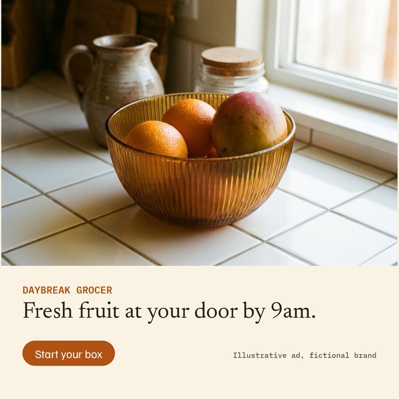 Ad B for Daybreak Grocer (fictional): photo of a glass bowl with oranges and a mango on a white tiled kitchen counter, headline Fresh fruit at your door by 9am, button Start your box.