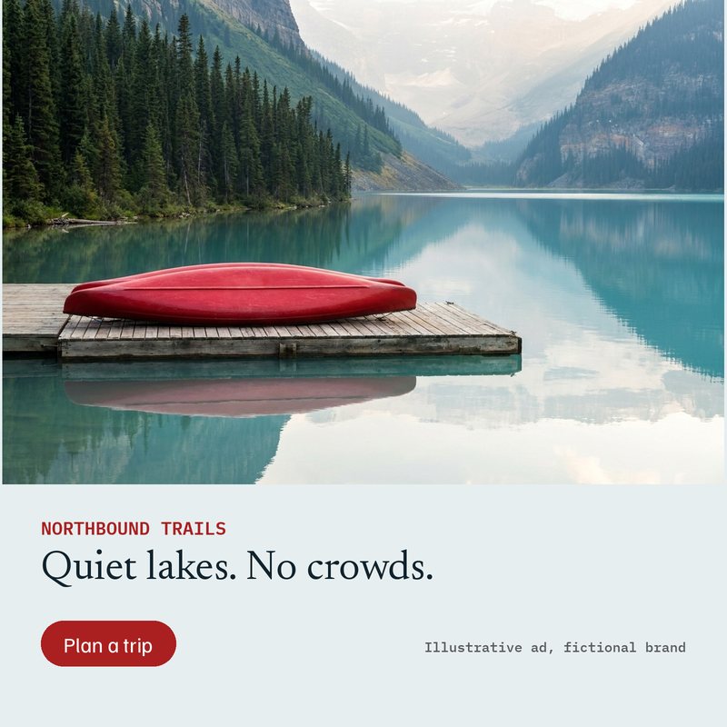 Ad A for Northbound Trails (fictional): photo of a red boat upside down on a wooden dock on a calm mountain lake with pine forest, headline Quiet lakes. No crowds, button Plan a trip.