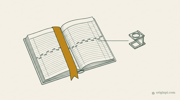 An open ruled ledger crossed by a trail of footprints, an amber bookmark ribbon at the key page, a small loupe beside it