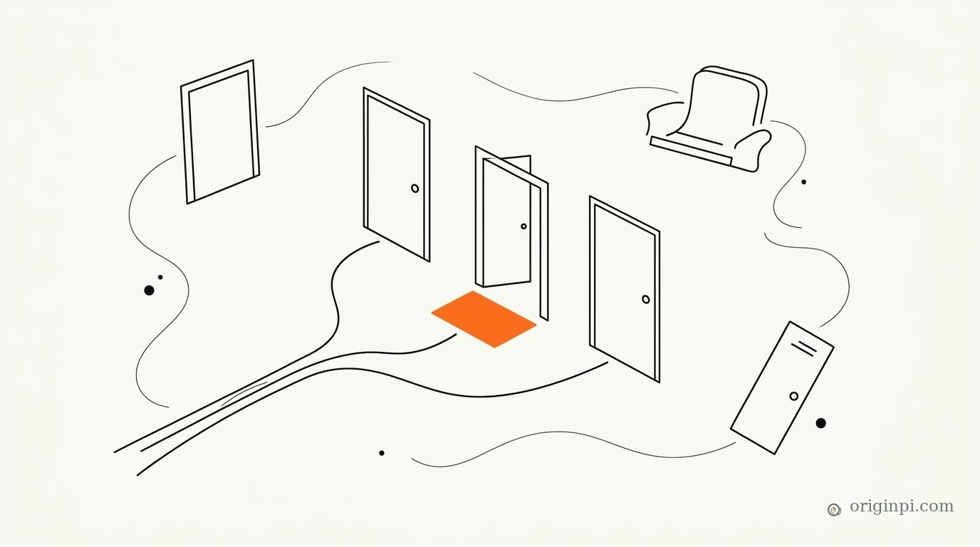 Line drawing of several doors, one standing open above an orange mat, with a chair and winding lines around them.