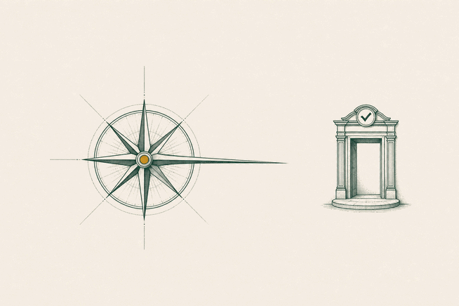 A single fine-lined emblem: a compass rose whose needle points toward a small storefront doorway, the doorway framed by a subtle checkmark, rendered in deep green with one amber accent on generous paper white space.