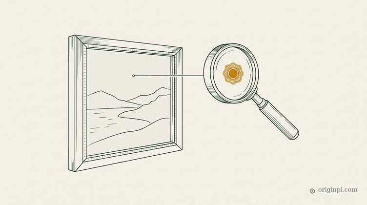 A framed landscape canvas with a magnifying lens revealing a hidden amber mark woven into the paper, on parchment.