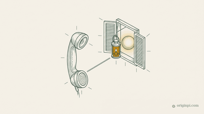 A vintage telephone receiver linked to an open shuttered window where an amber lantern lights a calm agent orb, on parchment.