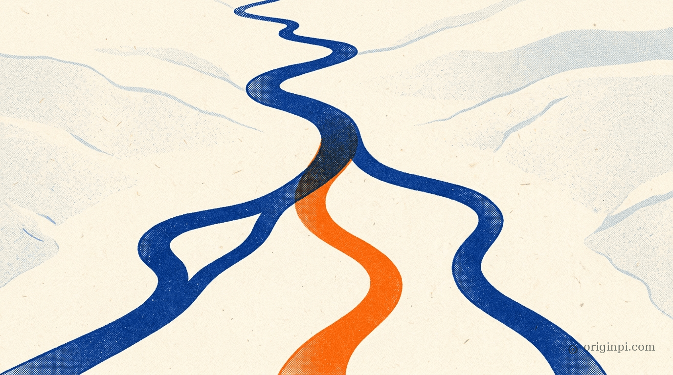 A river splitting into branches, with an orange channel taking over as an alternate route when the main flow forks.