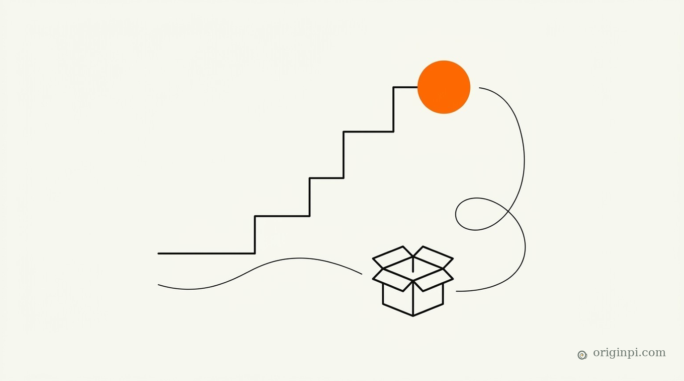 Line drawing of a staircase climbing to an orange circle, with an open cardboard box and looping line at the bottom.