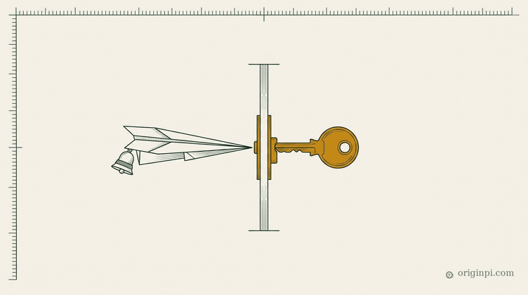 A paper airplane held at a slim gate by an amber key turned in its lock, a small muted bell beside it, on a fine ruled g