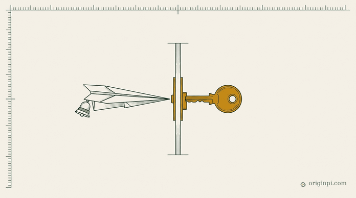 A paper airplane held at a slim gate by an amber key turned in its lock, a small muted bell beside it, on a fine ruled grid.