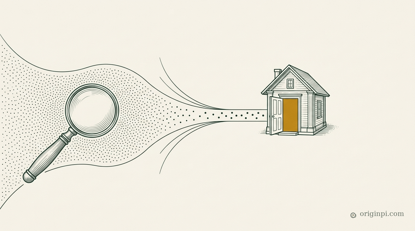 Fine-line drawing of a magnifying lens over a wide field of dots, a few dots flowing through a narrow channel to a house with an amber door.