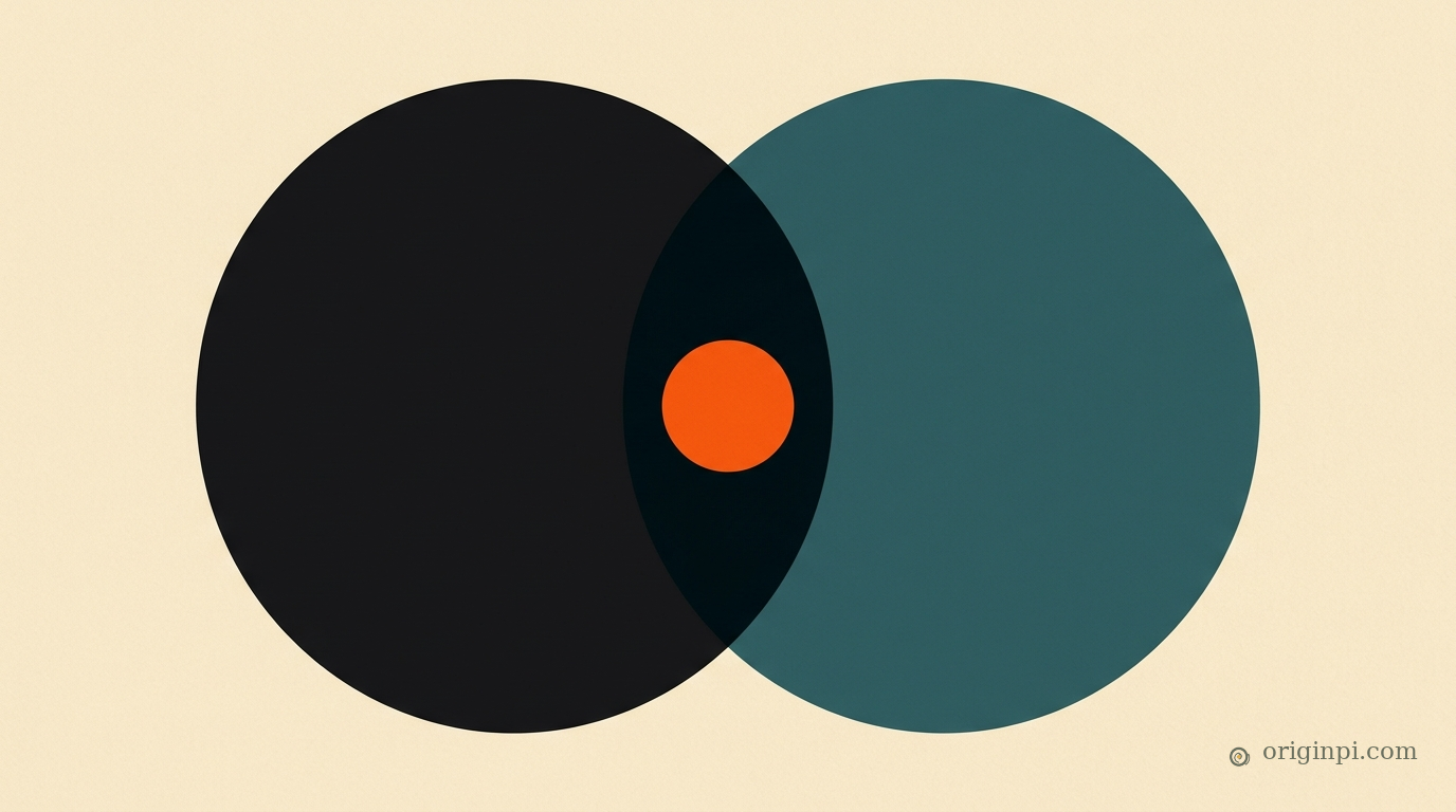 Two overlapping circles, one black and one teal, with an orange dot where they meet: two rule sets overlapping.