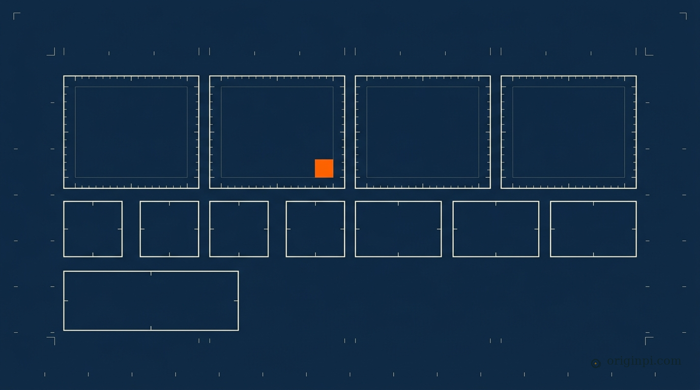 Navy blueprint grid of empty record frames with one orange square marking a single logged entry.