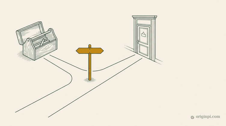 An open carpenter's toolbox and a shopfront doorway on either side of a forking path, an amber signpost at the fork, on
