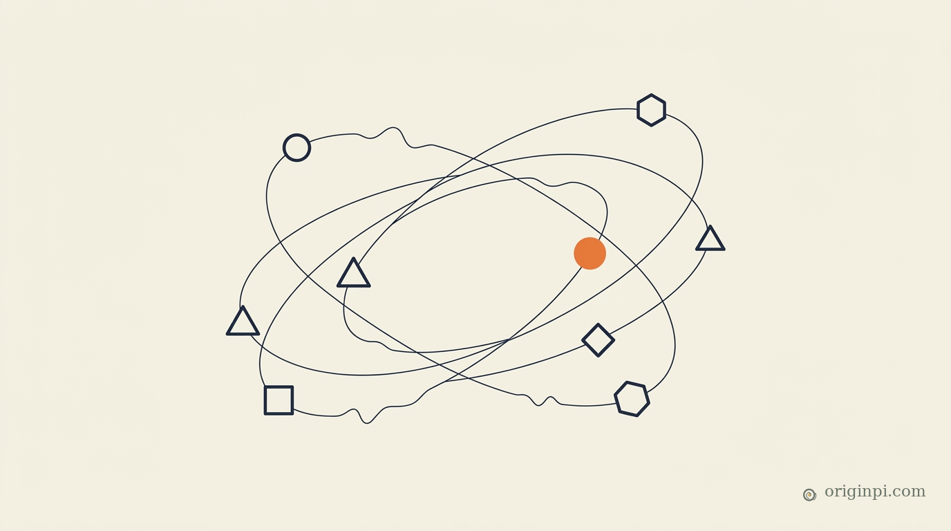 Line drawing of overlapping orbits carrying small geometric shapes around one orange dot, like many markets around a core.