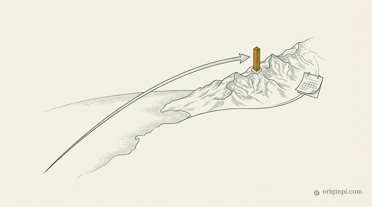 A long arrow arcing across an ocean outline to an engraved mountain ridge marked by an amber post, a small calendar leaf