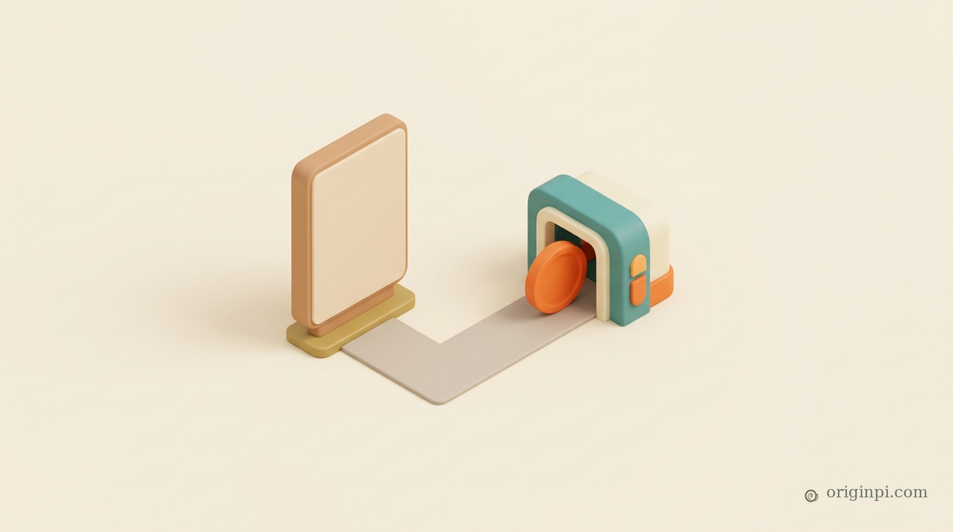 Isometric blank signboard linked by a path to a small teal gate machine with an orange disc passing through it.