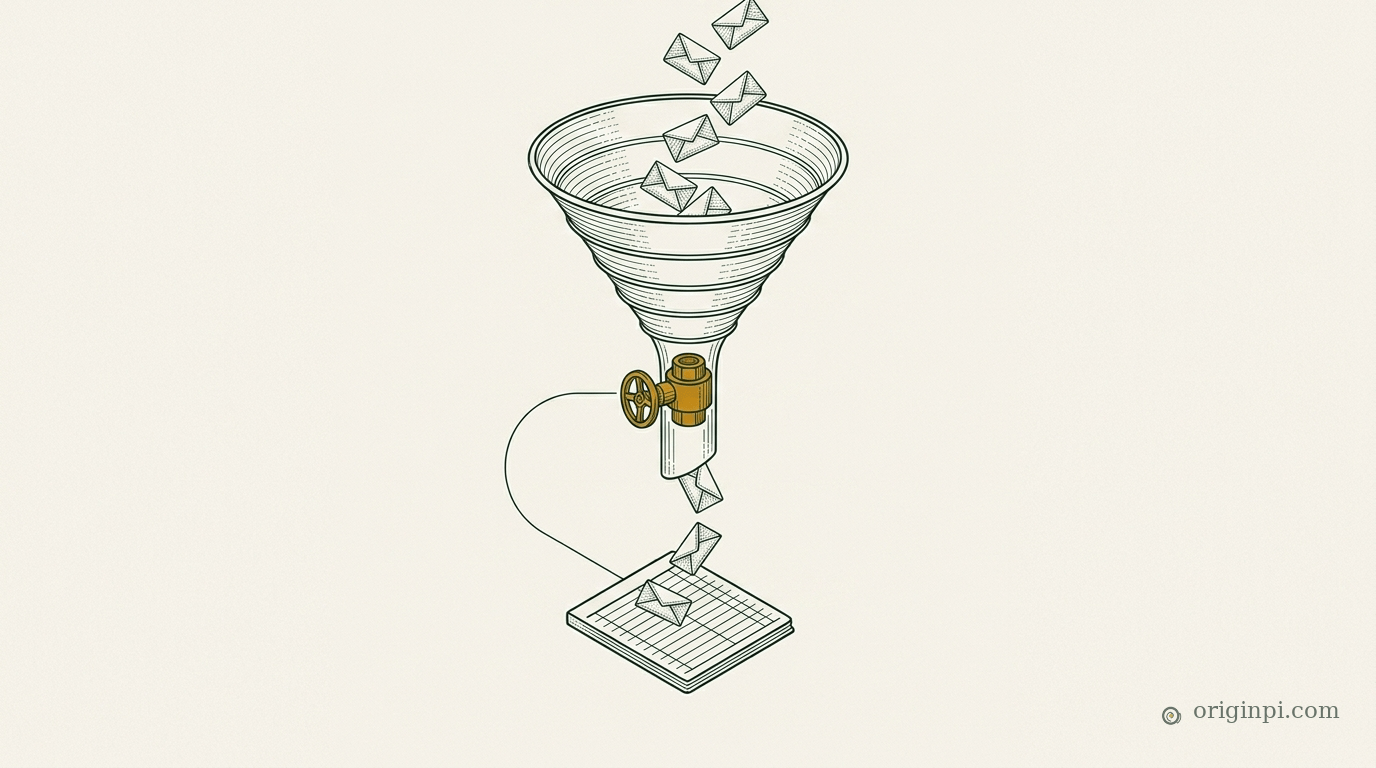 Fine-line drawing of envelopes falling into a ringed funnel with an amber valve at its neck, only a few reaching a ledger below.