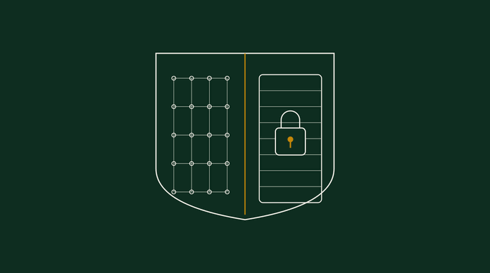 Minimal emblem of a shield split down the middle: one half an open lattice of fine nodes, the other a solid locked panel, drawn in thin amber lines on deep green.