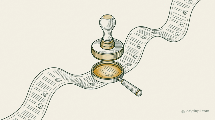 A wooden rubber stamp above a long ribbon of identical ticked papers, an amber magnifying lens on the one that differs,