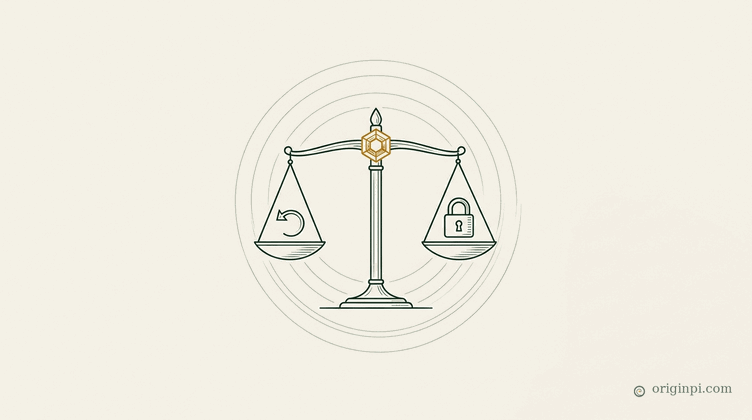 A delicate deep-green and parchment emblem: a slender balance scale whose two pans hold a small undo-arrow and a lock, f
