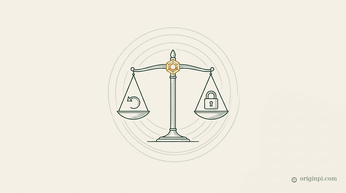 A delicate deep-green and parchment emblem: a slender balance scale whose two pans hold a small undo-arrow and a lock, framed by four faint tier rings, uncluttered and elegant.