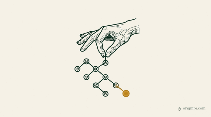 A delicate deep-green and parchment emblem: a single human hand poised above a branching chain of six small nodes, the final node glowing amber as the point where the chain settles.