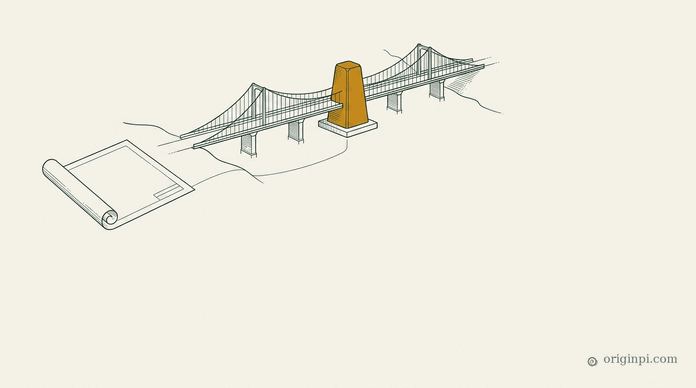 A fine suspension bridge between two shores, an unrolled draft plan on one bank and an amber marker stone at the bridge, on parchment.