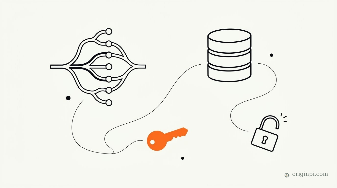 Line drawing of a branching connector, a data cylinder, an orange key and an open padlock joined by thin lines.