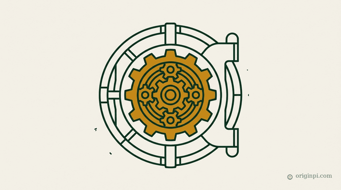 A deep green and parchment illustration in fine mathematical line work showing a layered agent workflow: a human approver node issuing a verifiable credential of intent into a branching decision tree, with structured checkpoint gates and a continuous logging ledger running beneath, rendered as connected nodes and contour lines.
