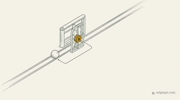 A fine-lined turnstile gate on a straight track, an agent orb paused before it, an amber lock at the gate's hub, on parc