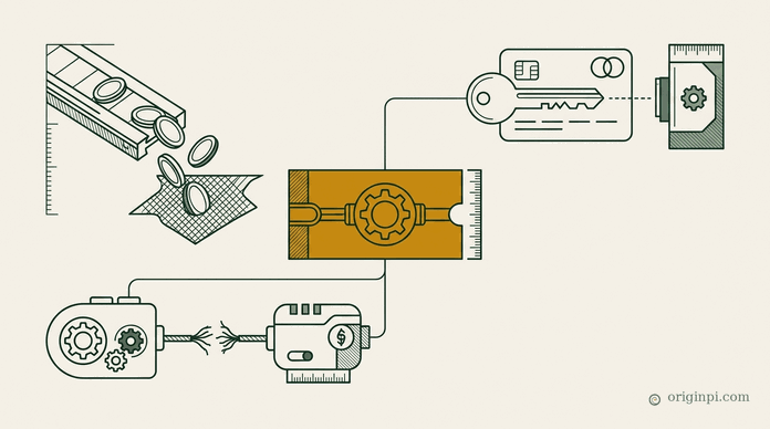 Deep-green and parchment mathematical-line illustration showing two connected nodes labeled agent and business joined by a solid MCP line, with a deliberate gap before a separate dashed money line branching into competing payment protocol paths, each gated by a small authorization seal.