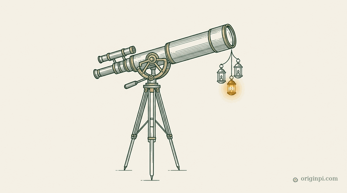 An engraved telescope on a tripod aimed at three small hanging lanterns, one of them lit in amber, on parchment.