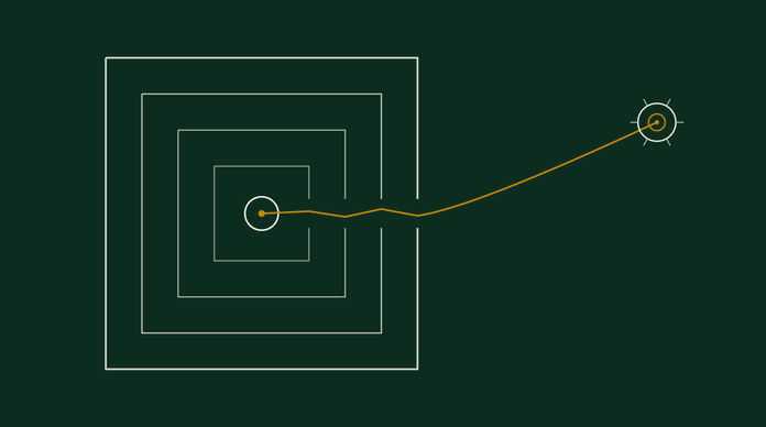 Delicate line emblem of nested deep-green rectangles with a single thin amber thread slipping through a gap and arcing toward a small distant node