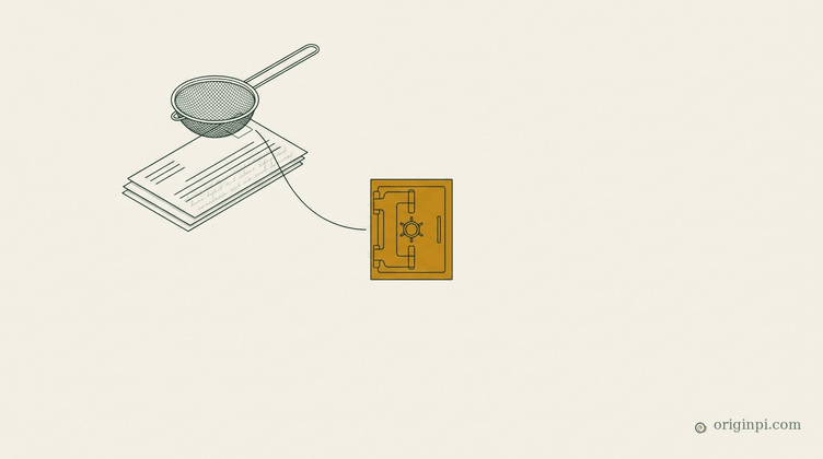 A stack of letters under a fine sieve that lets a hidden line of script pass, linked to a small amber vault door, on par