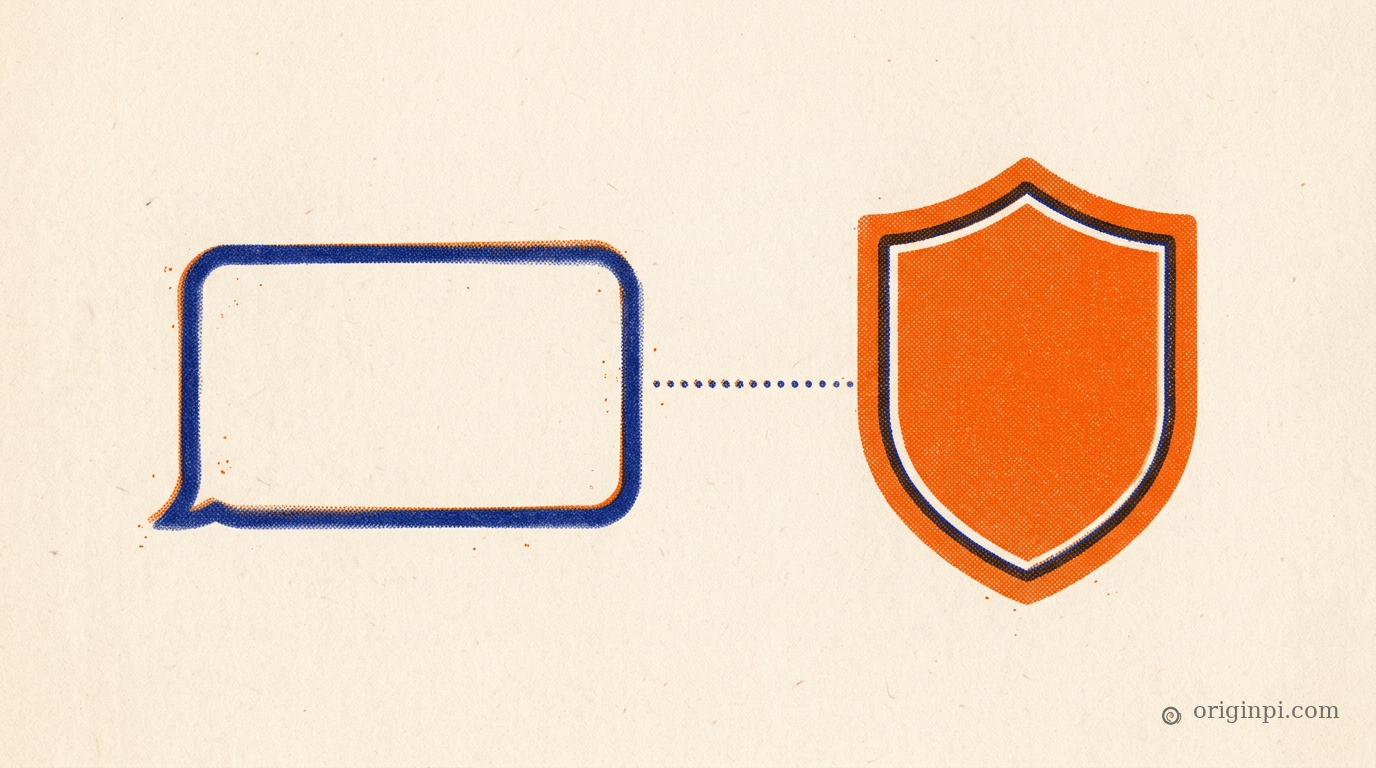 An empty chat bubble linked by a dotted line to an orange shield: incoming messages checked by a protective control.