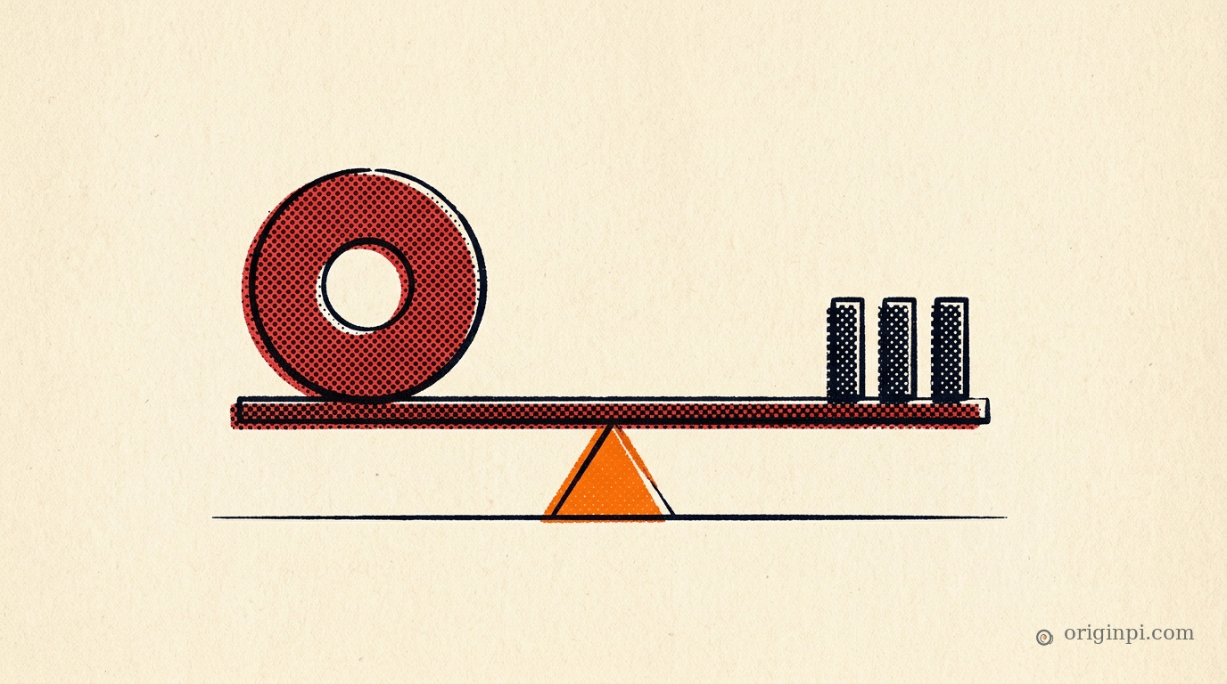 Seesaw weighing one large ring against three small blocks: matching model size to the job, small for narrow routine tasks.