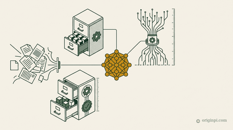 Deep green and parchment mathematical line illustration showing a business fact, a clock and a price tag, flowing throug