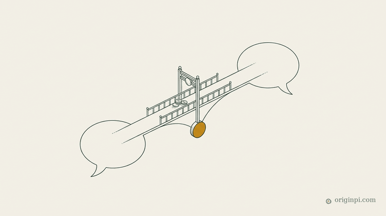 Two speech-balloon outlines joined by a slender bridge with a toll gate and coins on its rail, an amber counterweight be