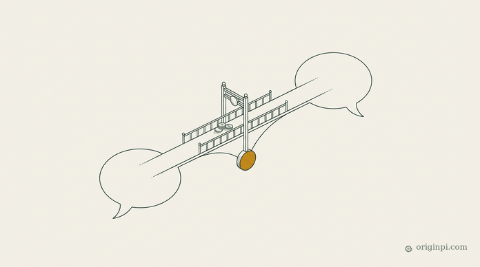 Two speech-balloon outlines joined by a slender bridge with a toll gate and coins on its rail, an amber counterweight below, on parchment.