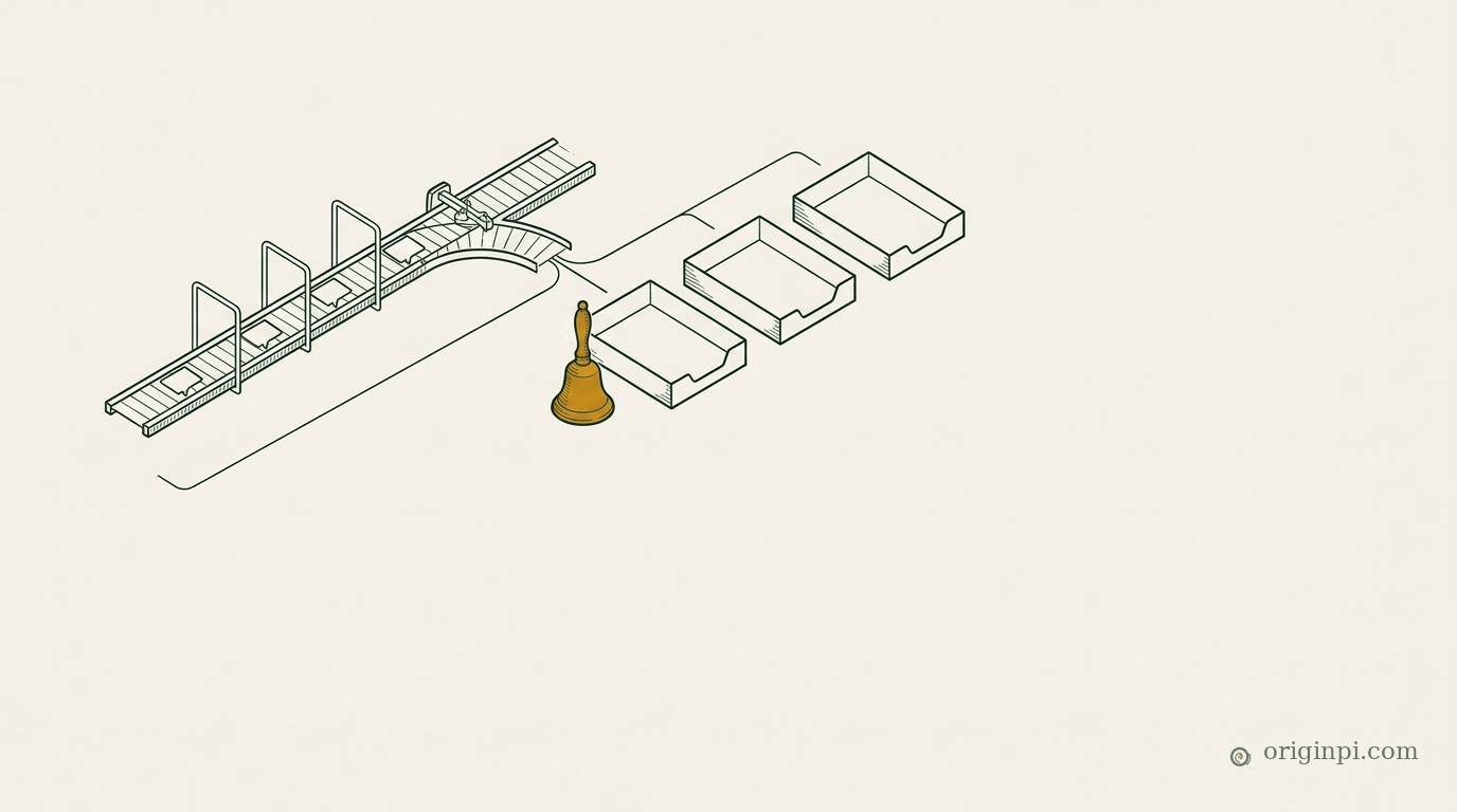 Fine-line drawing of a conveyor passing small cards through four gates into three trays, with an amber hand-bell beside the first tray.