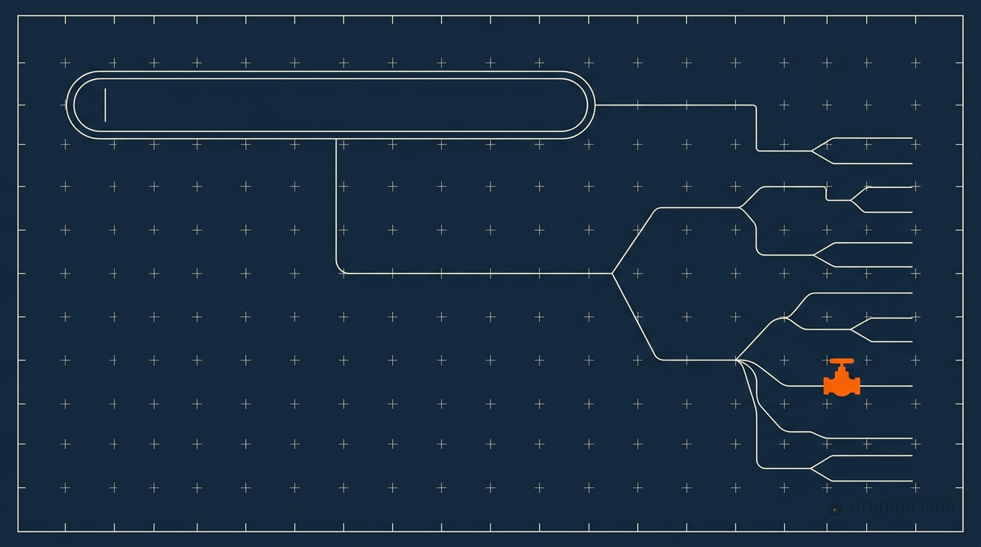 Navy diagram of an empty search bar branching into many source lines, with one orange valve on a single branch.